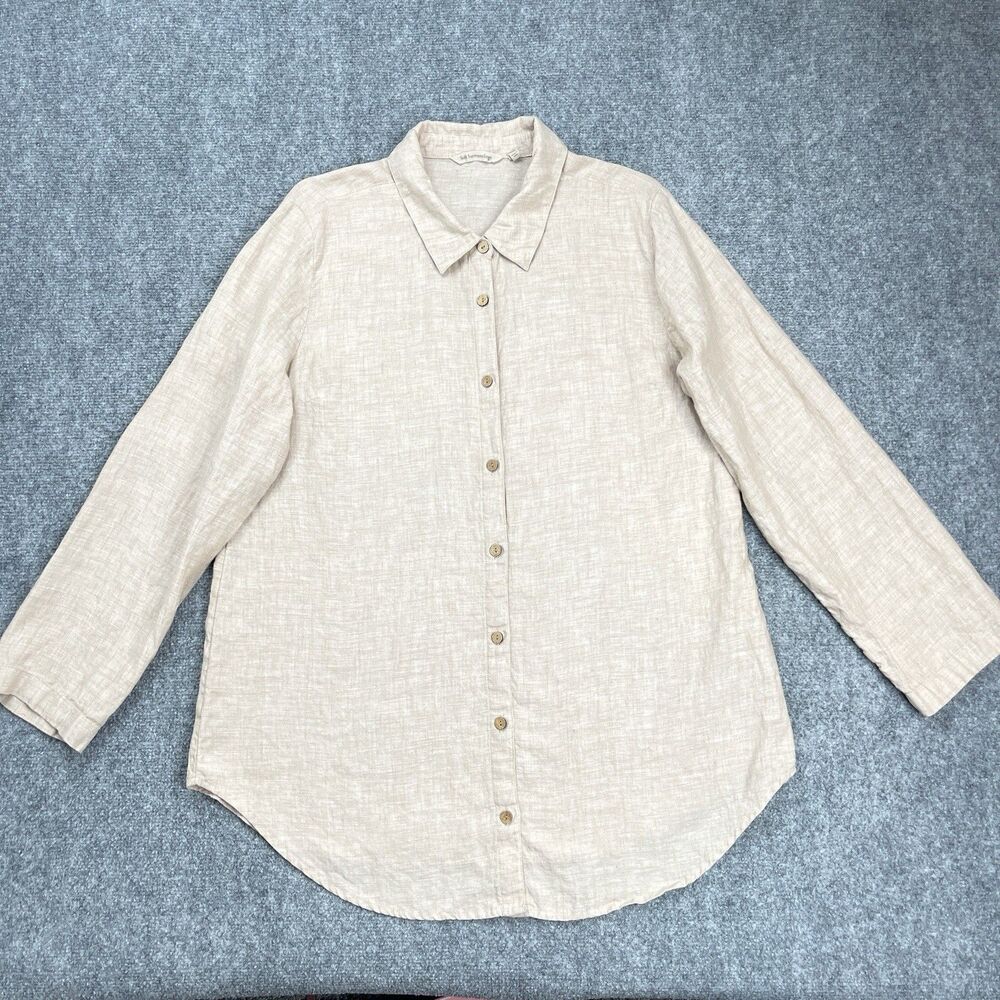 Soft Surroundings Linen Tunic Top Womens Large Button Front Long Sleeve Beige
